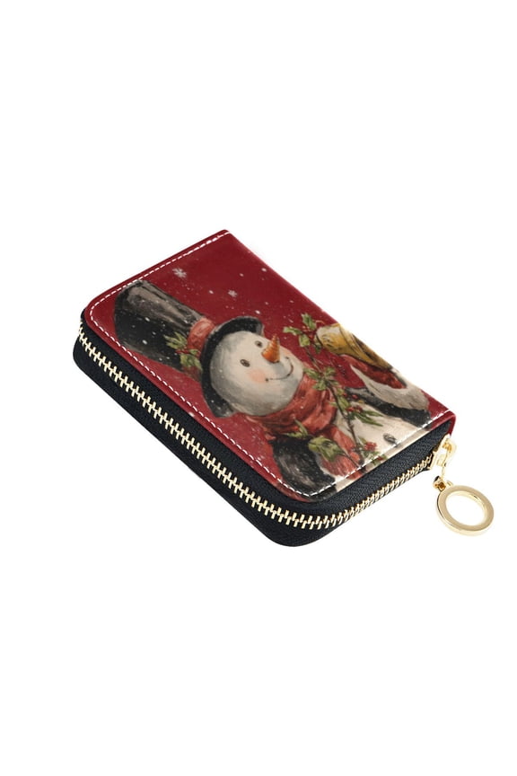 Leather Card Holder Wallet with Zipper RFID Blocking 9 Card Slots 2 Coin Pockets Compact Pocket Size Top Hat Snowman
