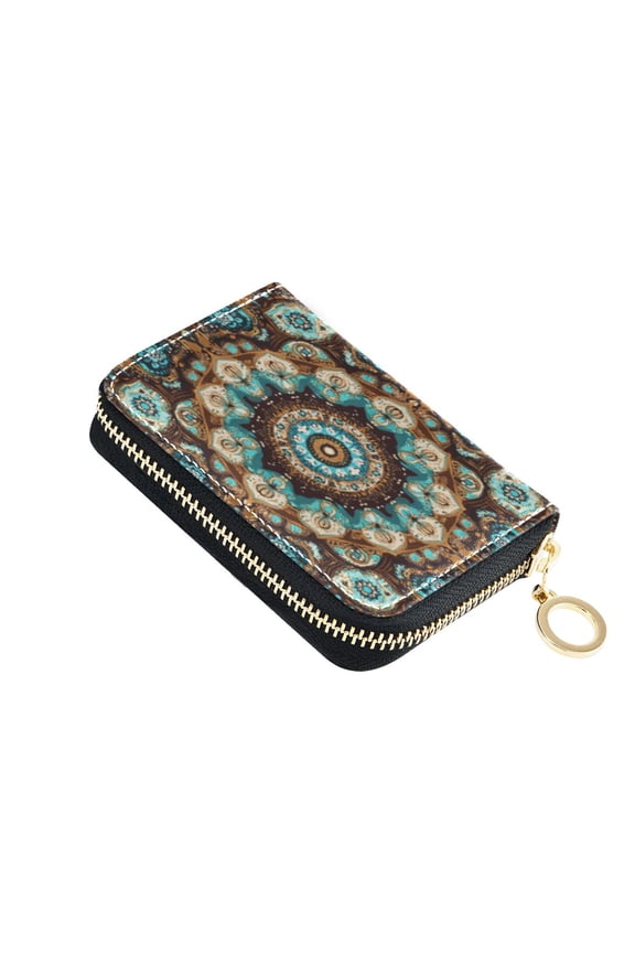 Leather Card Holder Wallet with Zipper RFID Blocking 9 Card Slots 2 Coin Pockets Compact Pocket Size Traditional Boho Pattern