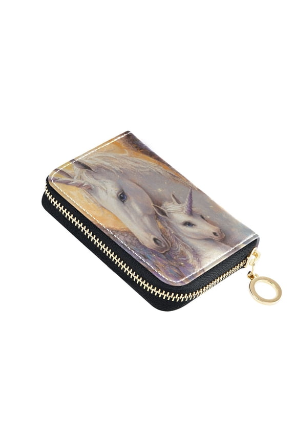 Leather Card Holder Wallet with Zipper RFID Blocking 9 Card Slots 2 Coin Pockets Compact Pocket Size Unicorn Family