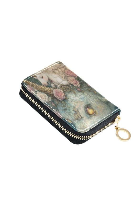 Leather Card Holder Wallet with Zipper RFID Blocking 9 Card Slots 2 Coin Pockets Compact Pocket Size Unicorns and Sea Monsters