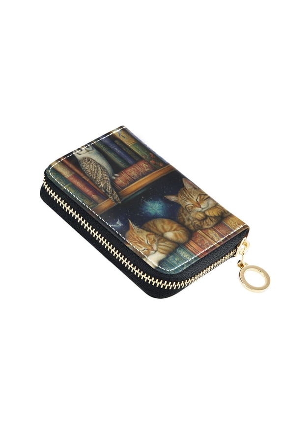 Leather Card Holder Wallet with Zipper RFID Blocking 9 Card Slots 2 Coin Pockets Compact Pocket Size Warm Bookcase