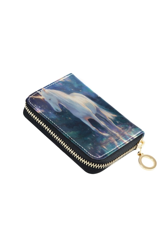 Leather Card Holder Wallet with Zipper RFID Blocking 9 Card Slots 2 Coin Pockets Compact Pocket Size White Unicorn