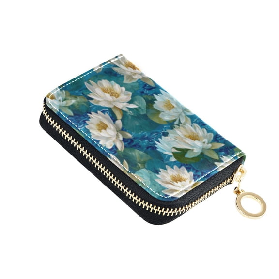 Leather Card Holder Wallet with Zipper RFID Blocking 9 Card Slots 2 Coin Pockets Compact Pocket Size White Water Lilies Float