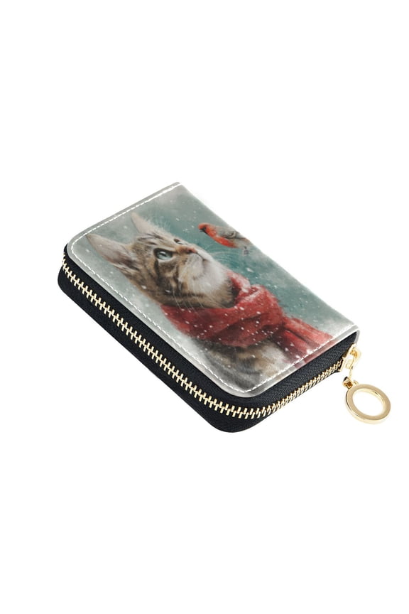 Leather Card Holder Wallet with Zipper RFID Blocking 9 Card Slots 2 Coin Pockets Compact Pocket Size Winter Cat