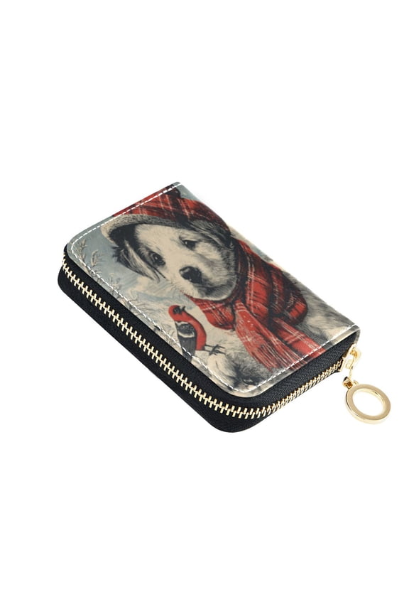 Leather Card Holder Wallet with Zipper RFID Blocking 9 Card Slots 2 Coin Pockets Compact Pocket Size Winter Dog