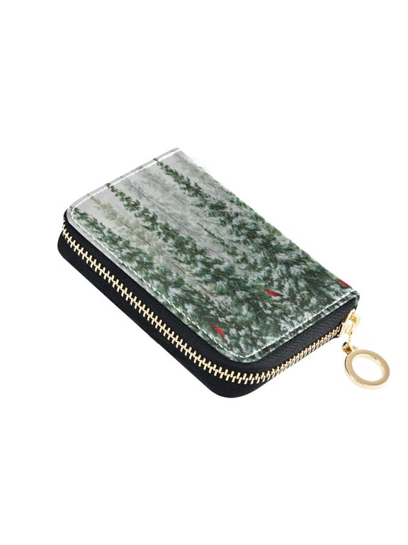 Leather Card Holder Wallet with Zipper RFID Blocking 9 Card Slots 2 Coin Pockets Compact Pocket Size Winter Green Pine Tree