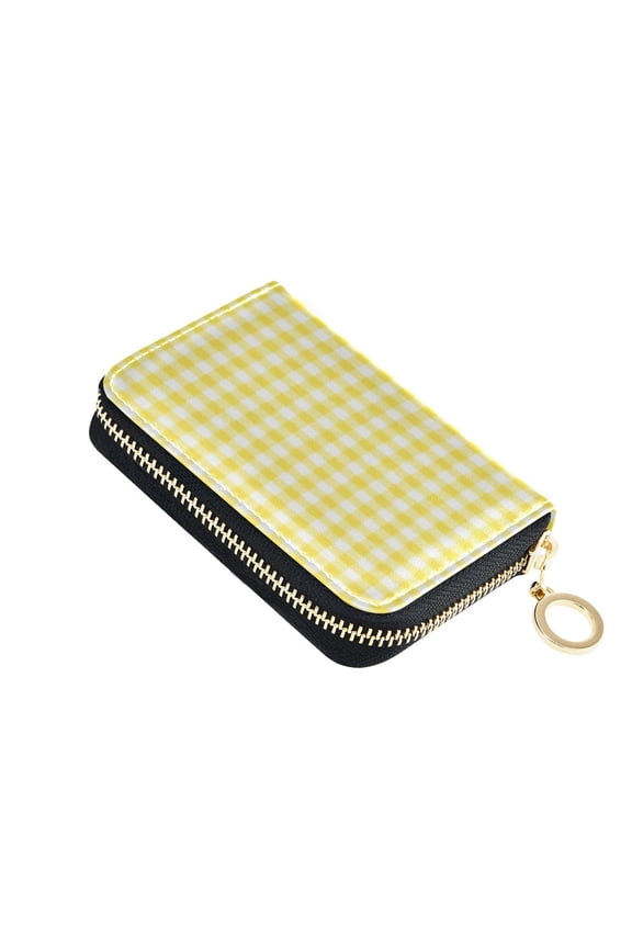 Leather Card Holder Wallet with Zipper RFID Blocking 9 Card Slots 2 Coin Pockets Compact Pocket Size Yellow Checkered