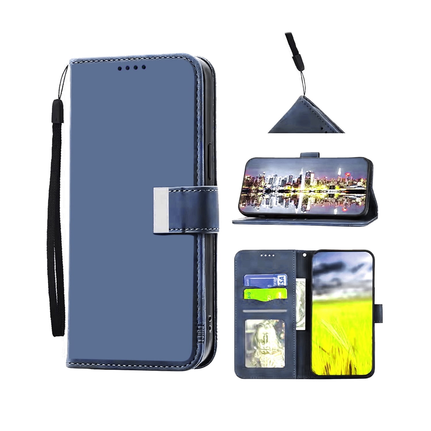 Leather Card Holder Wrist Strap Case for iPhone 17 Pro Max - Blue