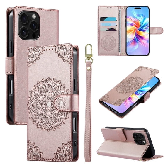 Leather Case For Apple iPhone 15 Pro 6.1",Embossed Totem Wallet With Card Holder,Wristband, Shockproof Kickstand Magnetic Cover,Rose Gold,For iPhone 15 Pro
