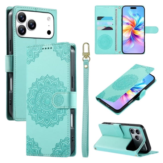 Leather Case For Apple iPhone 17 Pro 6.3",Embossed Totem Wallet With Card Holder,Wristband, Shockproof Kickstand Magnetic Cover,Light Green,For iPhone 17 Pro