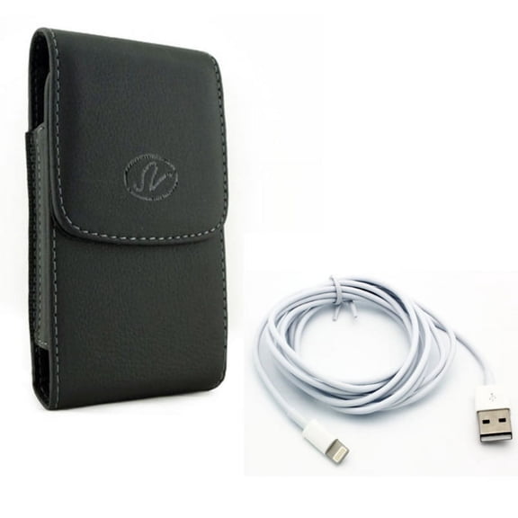 Leather Case Belt Clip w Charger Cord 6ft USB Cable for #model_series - Holster Cover Pouch Vertical Carry and Power Wire Long Sync Fast Charge