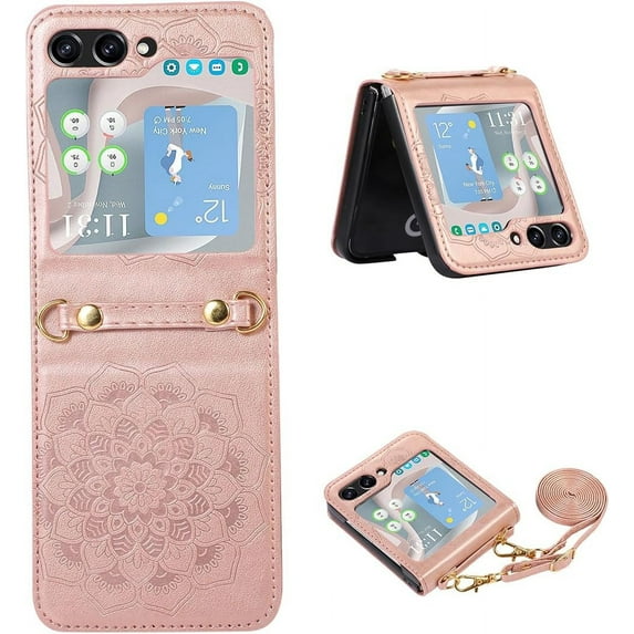 Leather Case Compatible with Samsung Galaxy Z Flip 5 5G Case Rose Gold,Embossed 3D Mandala Flower PU Print Women Phone Case with Lanyard Neck Strap