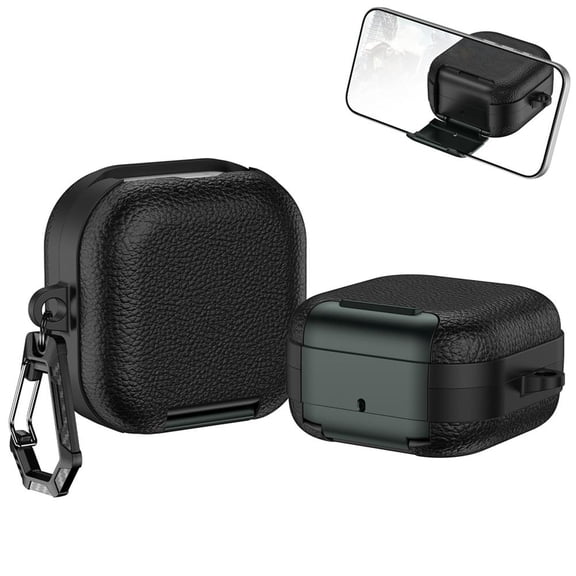 Leather Case for GalaxyBuds4/4pro - Creative Locking Protective Cover, Shockproof PcTPU Shell with Built-in Phone Stand & Carabiner, Supports Wireless Charging