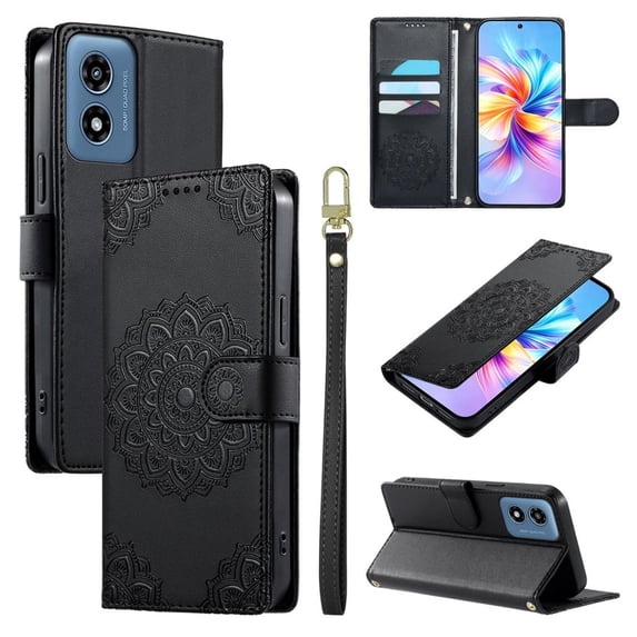 Leather Case For Motorola Moto G Play 2024 6.5",Embossed Totem Wallet With Card Holder,Wristband, Shockproof Kickstand Magnetic Cover,Black,For Moto G Play 2024