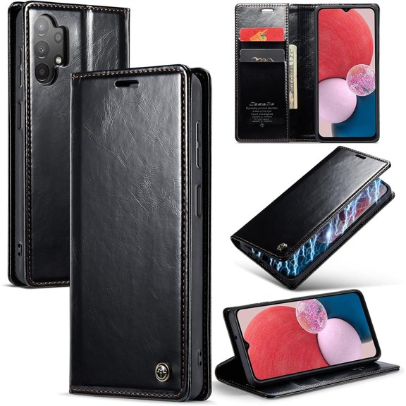 Leather Case for Samsung Galaxy A13 Card Slot Folio Flip Wallet Case for Samsung Galaxy A13 Premium PU Magnetic Kickstand Cover Soft TPU Inner Case Black