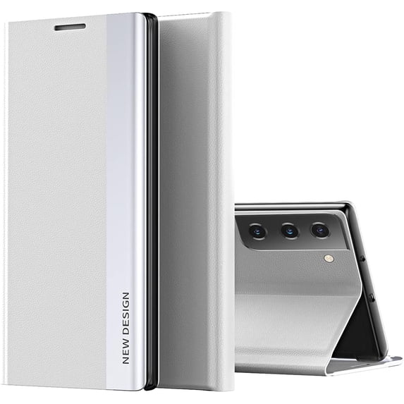Leather Case for Samsung Galaxy S21 FE (Not S21), Thin Slim Luxury PU Leather Kickstand Cover Shockproof Flip Phone Case for Samsung Galaxy S21 FE Silver