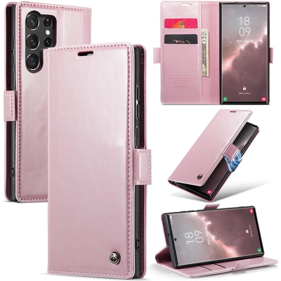 Leather Case for Samsung Galaxy S23 Ultra Card Slot Folio Flip Wallet Case for Samsung Galaxy S23 Ultra Premium PU Magnetic Kickstand Cover Soft TPU Inner Case Pink
