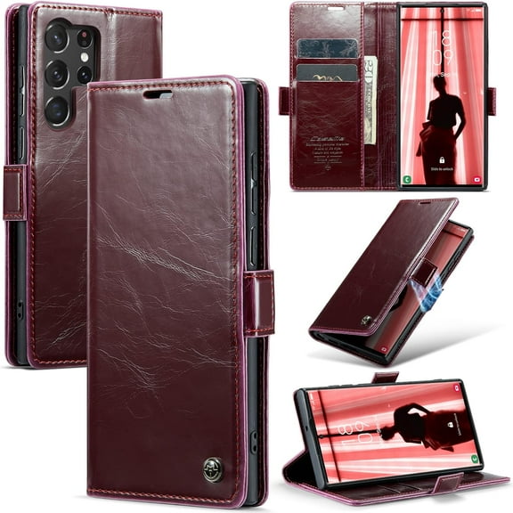 Leather Case for Samsung Galaxy S24 Ultra Card Slot Folio Flip Wallet Case for Samsung Galaxy S24 Ultra Premium PU Magnetic Kickstand Cover Soft TPU Inner Case Red