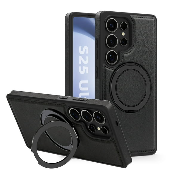 Leather Case for Samsung Galaxy S24 Ultra, Compatible with Wireless Charging, 360 Spin Magnetic Stand Shockproof Protective Magnetic Case, Military Protection for Samsung S24 Ultra, Black