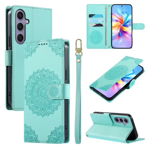Leather Case For Samsung Galaxy S25 Plus 5G / Galaxy S24 Plus 5G 6.7",Embossed Totem Wallet With Card Holder,Wristband, Shockproof Kickstand Magnetic Cover,LightGreen