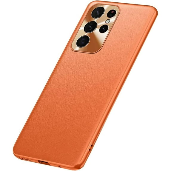 Leather Case for Samsung Galaxy S22 Ultra S21 Plus S20 FE S10 Note 20 A72 A52 A53 A32 4G 5G, Metal Lens Protection Ring Back Cover(Orange,S22 Plus)