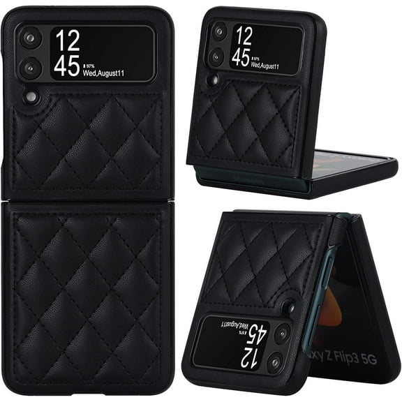 Leather Case for Samsung Galaxy Z Flip 3 5G, Diamond-Shaped Luxury Soft PU Leather & Hard PC Shell Shockproof Bumper Protective Cover, Black
