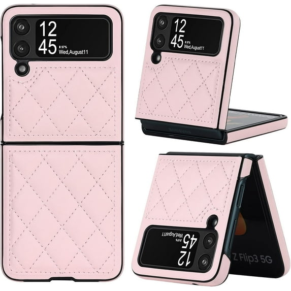 Leather Case for Samsung Galaxy Z Flip 3 5G, Diamond-Shaped Luxury Soft PU Leather & Hard PC Shell Shockproof Bumper Protective Cover, Pink
