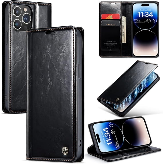 Leather Case for iPhone 12 pro Card Slot Folio Flip Wallet Case for iPhone 12 pro Premium PU Magnetic Kickstand Cover Soft TPU Inner Case Black