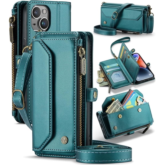Leather Case for iPhone 14 Case, Crossbody Wallet Phone Case with RFID Blocking Kickstand, Anti-Drop Wireless Charging Card Slots, PU Leather Shoulder Bag Clutch Adjustable Strap