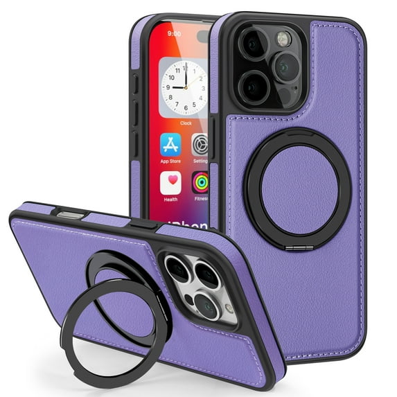 Leather Case for iPhone 16 Plus, Compatible with Wireless Charging, 360 Spin Magnetic Stand Shockproof Protective Magnetic Case, Military Protection for Apple 16 Plus, Purple