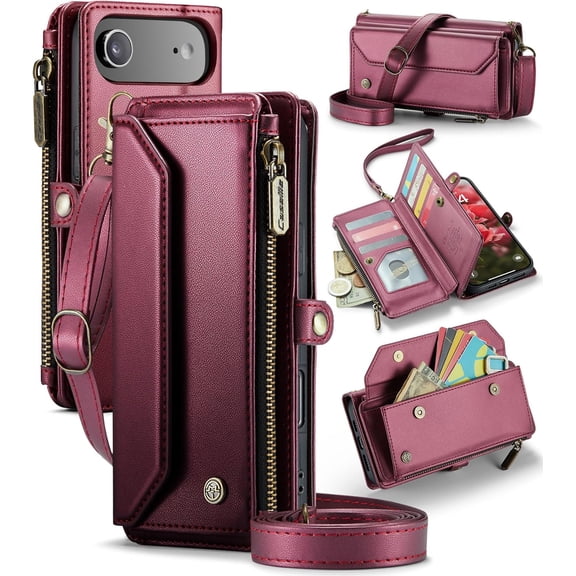 Leather Case for iPhone Air Case, Crossbody Wallet Phone Case for iPhone Air with RFID Blocking Kickstand, Anti-Drop Wireless Charging Card Slots, PU Leather Shoulder Bag Clutch Adjustable Strap