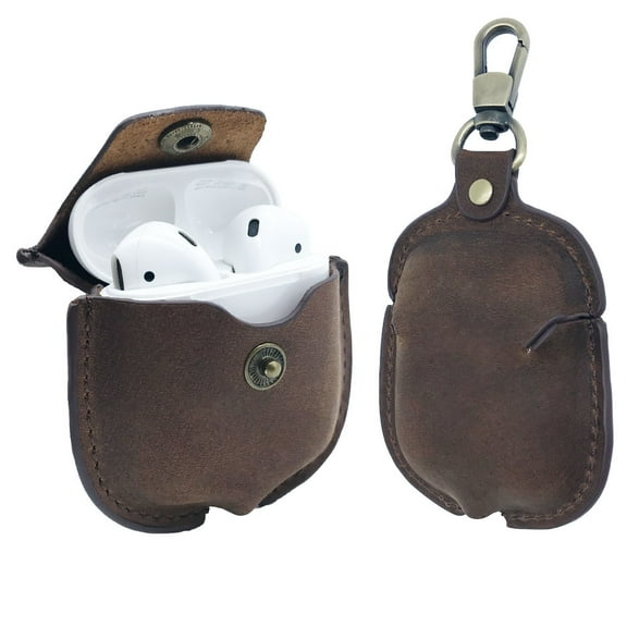 Leather Case with Keychain and Button Lock Compatible with Apple Airpods 1, 2 Made with Genuine Horse Cow Leather - Legacy Snap (Coffee)