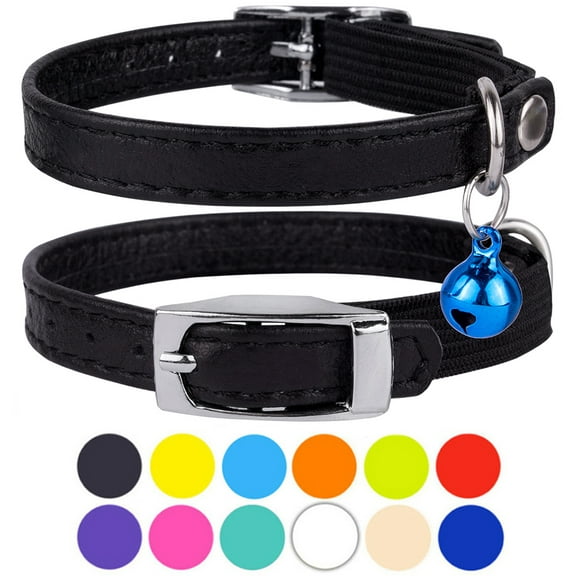 Leather Cat Collar Breakaway Safety Collars Elastic Strap for Small Cats Kitten with Bell, Black