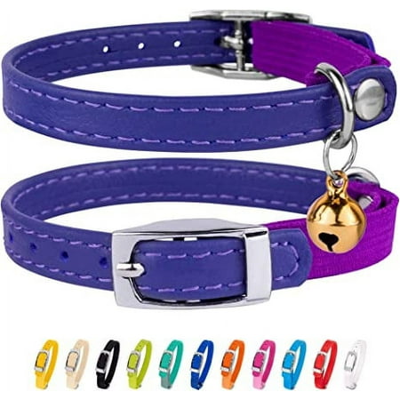 Leather Cat Collar Breakaway Safety Collars Elastic Strap for X Small Cats Kitten with Bell, Purple