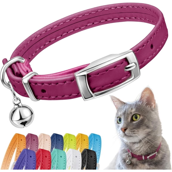 Leather Cat Collar with Removable Bell – Safety Elastic Strap (Breakaway Alternative) – Kitten Collar for Small & Big Boy & Girl Cats & Small Dog