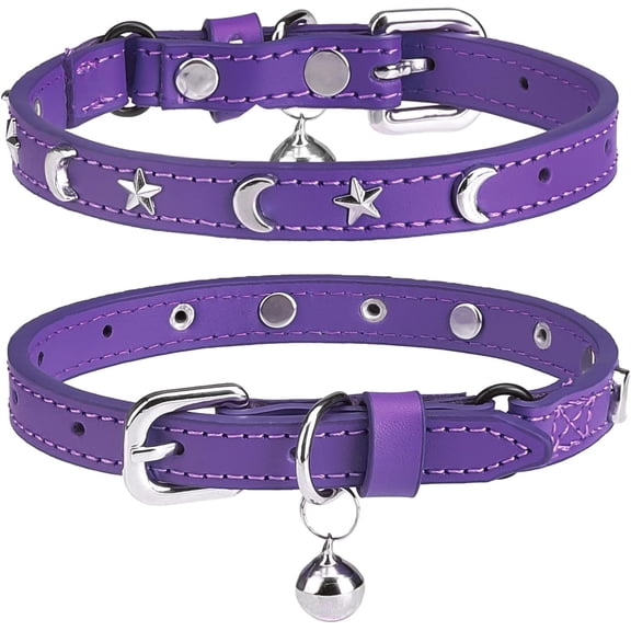 Leather Cat Collars for Boy Girl Cats with Bell and Safety Elastic Belt, Personalized Star and Moon Stud Adjustable Safe Buckle Collar for Kitty Small Big Cats 1Pack