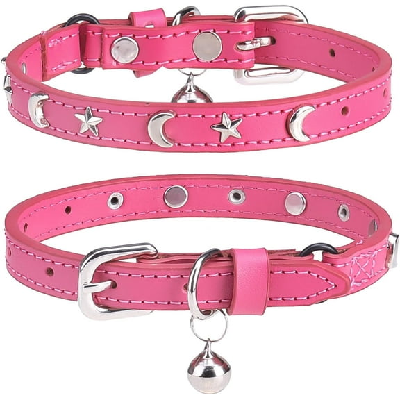 Leather Cat Collars for Boy Girl Cats with Bell and Safety Elastic Belt, Personalized Star and Moon Stud Adjustable Safe Buckle Collar for Kitty Small Big Cats 1Pack