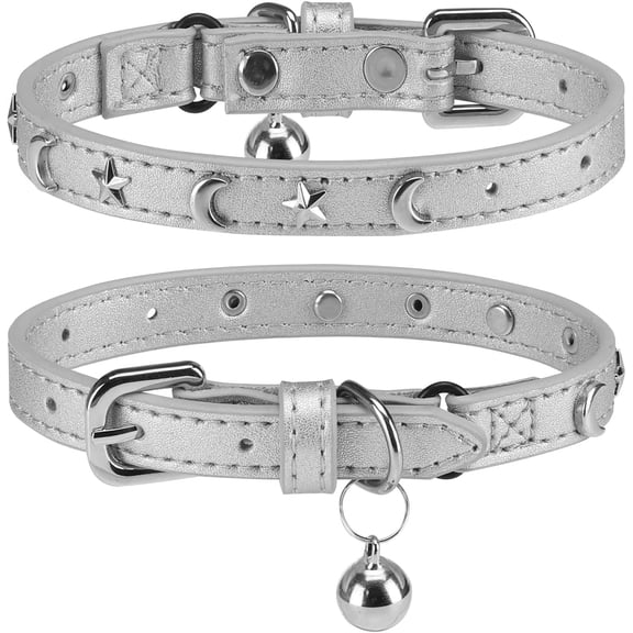 Leather Cat Collars for Boy Girl Cats with Bell and Safety Elastic Belt, Personalized Star and Moon Stud Adjustable Safe Buckle Collar for Kitty Small Big Cats 1Pack