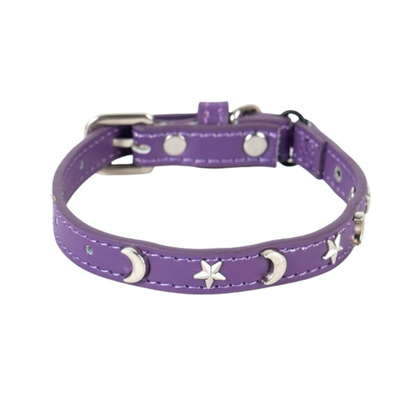 Leather Cat Collars for Boy Girl Cats with Bell and Safety Elastic Belt, Personalized Star and Moon Stud Adjustable Safe Buckle Collar for Kitty Small Big Cats Size 7-9 Inch, Purple