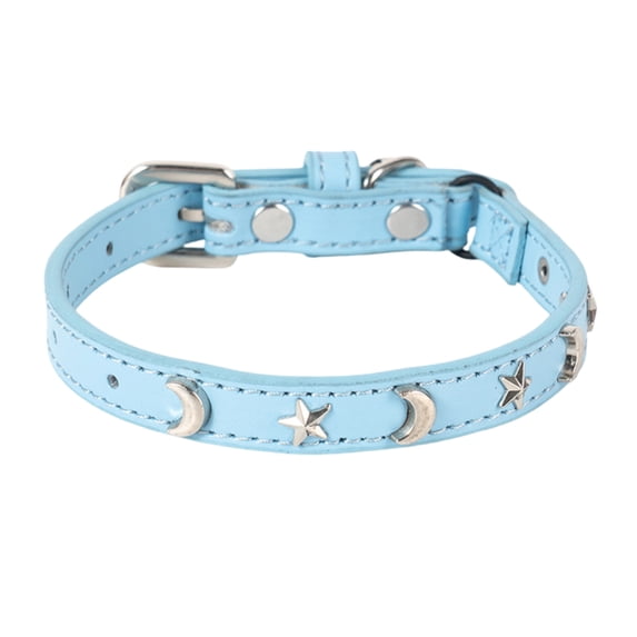 Leather Cat Collars for Boy Girl Cats with Bell and Safety Elastic Belt, Personalized Star and Moon Stud Adjustable Safe Buckle Collar for Kitty Small Big Cats Size 8-12 Inch,