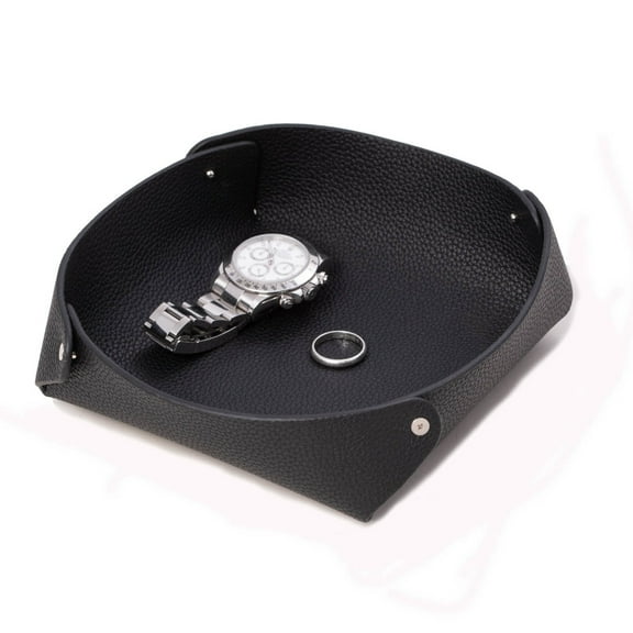 Leather Catchall Valet Tray In Lay Flat Design - Black