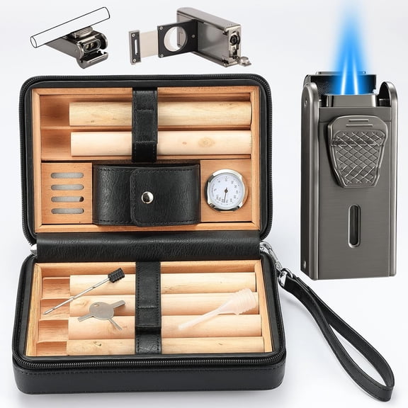 Leather Cedar Wood Cigar Case and All in One Double Jet Flame Torch Lighter Set, Built-in Cutter, Punch and Holder Function, Travel Box with Hygrometer, Draw Enhancer Tool, Gifts for Men.