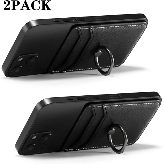 Leather Cell Phone Card Holder Pouch Pocket Wallet Stick With Finger Ring Stand