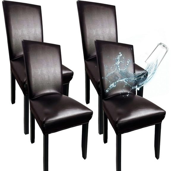 Leather Chair Covers for Dining Chairs Set of 4, Super Stretch Waterproof Kitchen Chair Covers Thickened Washable Dining Chair Slipcovers Brown Chair Seat Covers for Dining/Kitchen/Banquet