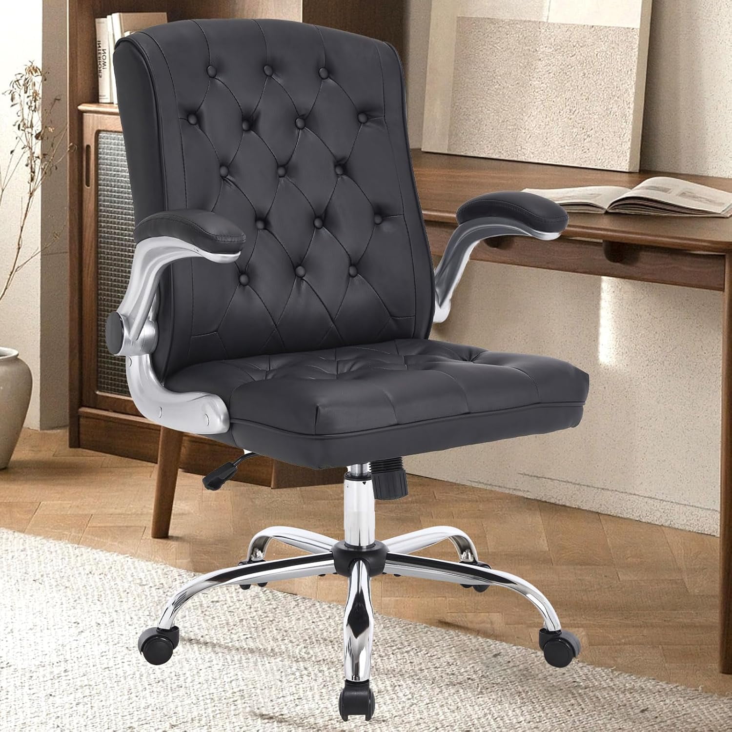 Leather Chair Mid-Back Ergonomic Executive Chair with Flip Up Arm Mid ...