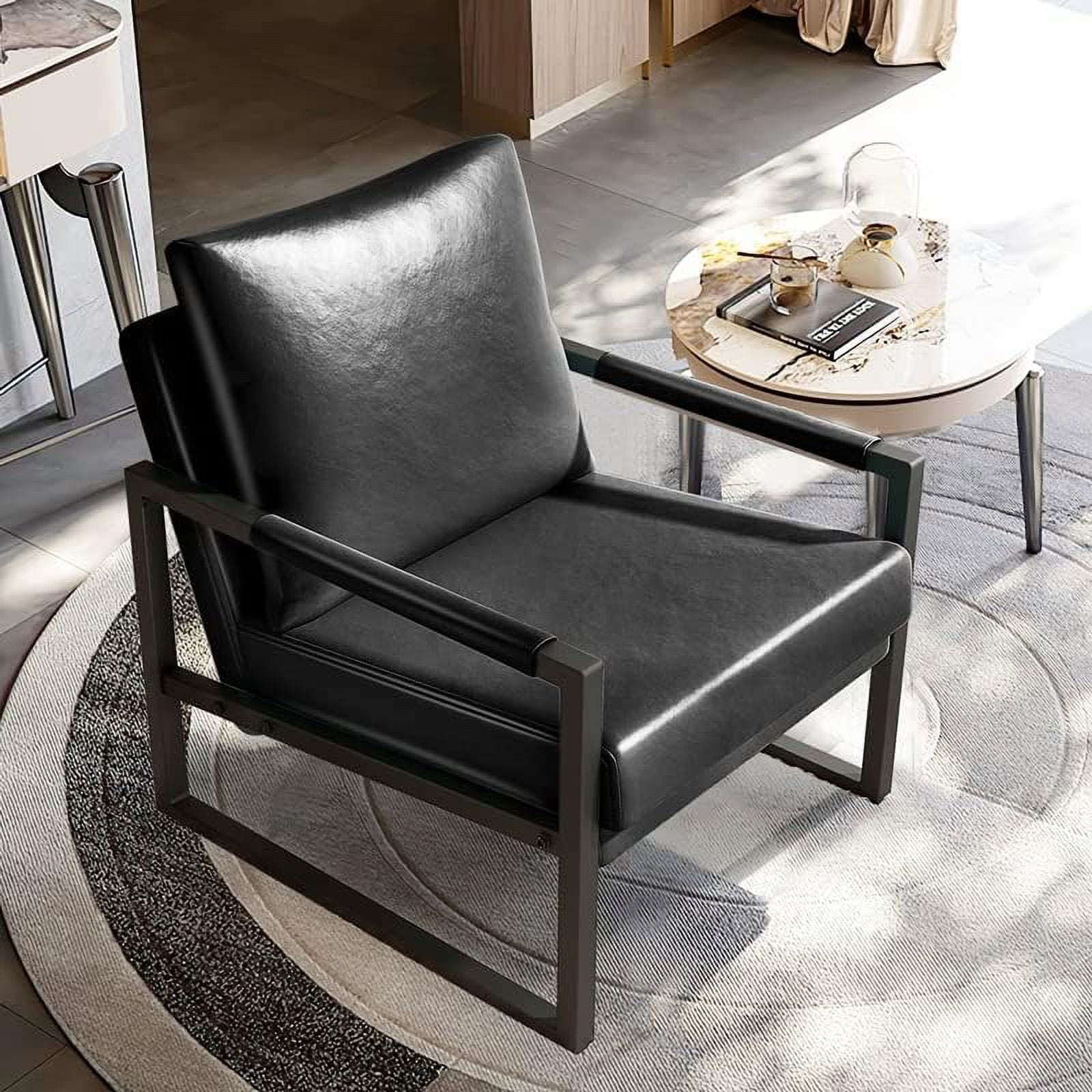 Leather Chair Room Mid Century Sitting Chair Modern PU Leather Chair with Arms Black Powder ...