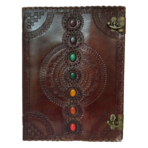 Leather Chakra Journal Embossed Diary with Healing Gemstones, Antique Lock Notebook 240 page Spiritual Gift for Men and Women 10x8 Inch