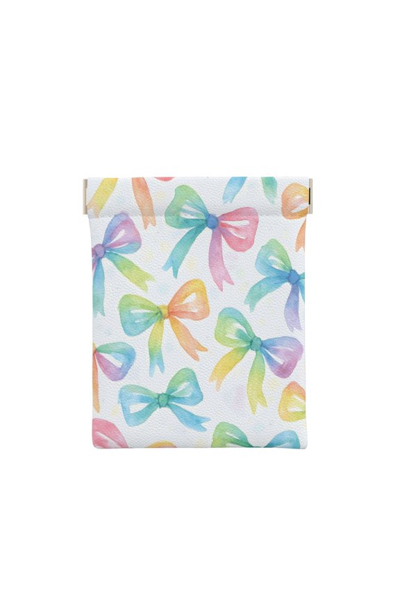 Leather Change Purse 4.33.9in Small Storage Bag Automatic Closure Anti-Stain Easy To Clean, Small And Convenient Watercolor Rainbow Ribbon Bow Pattern
