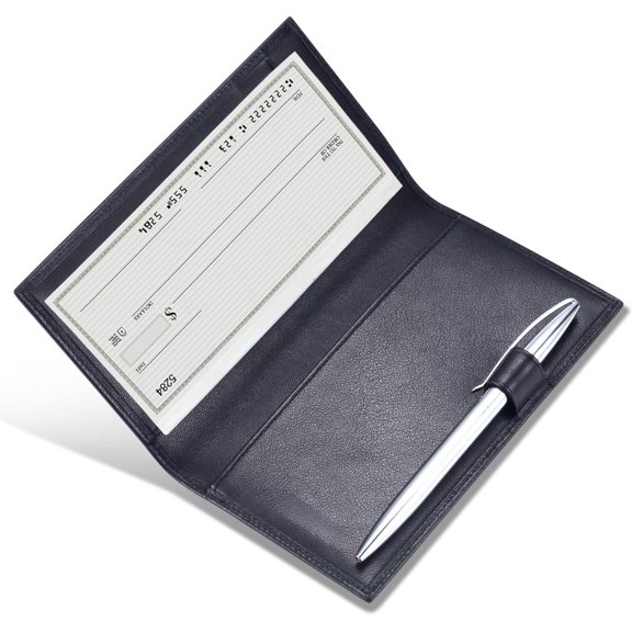 Leather Checkbook Cover for Duplicate Checks with Pen Holder