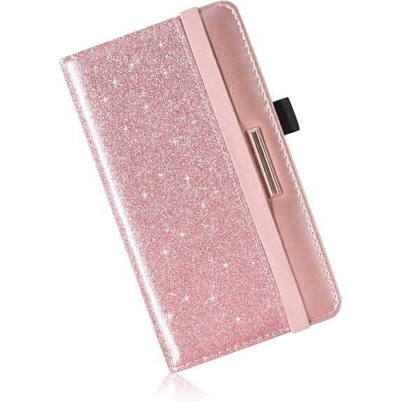 Leather Checkbook Cover for Men & Women Checkbook Wallet for Duplicate Checks Checkbook Holder with Elastic Band, Glitter Rose Glod